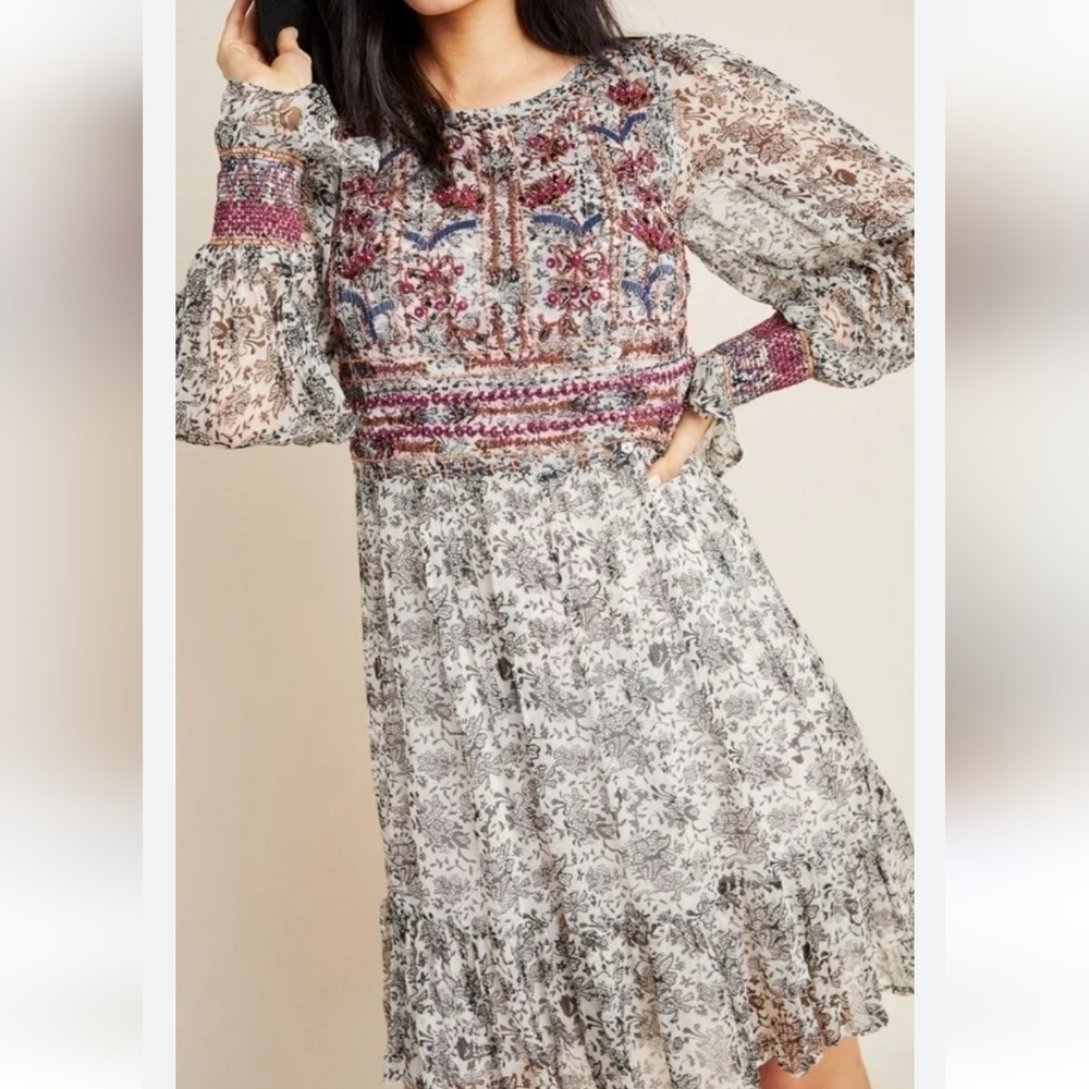 by Anthropologie Gisella Beaded Tunic Dress 2 Floral Chiffon Embroidered Cuffs